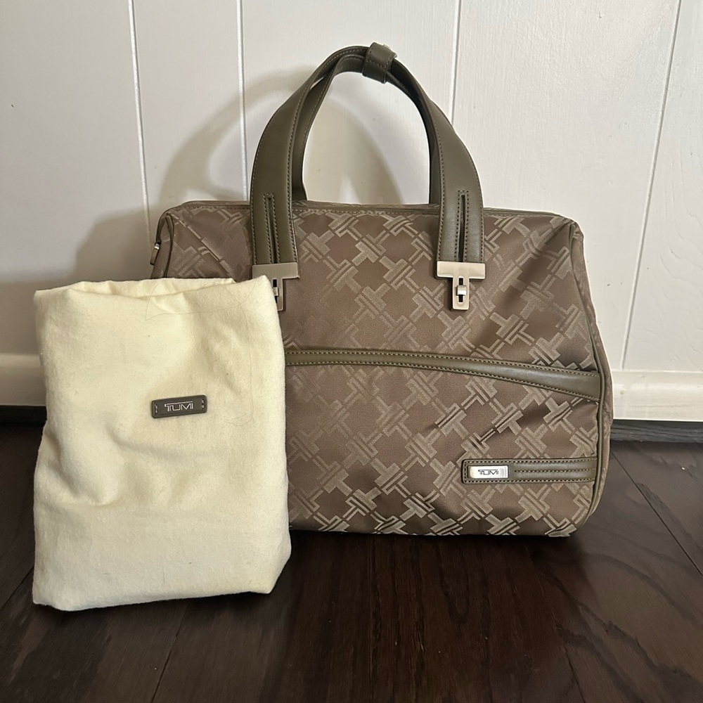 TUMI  Signature Patterned Travel Satchel in Taupe with Olive Leather Trim